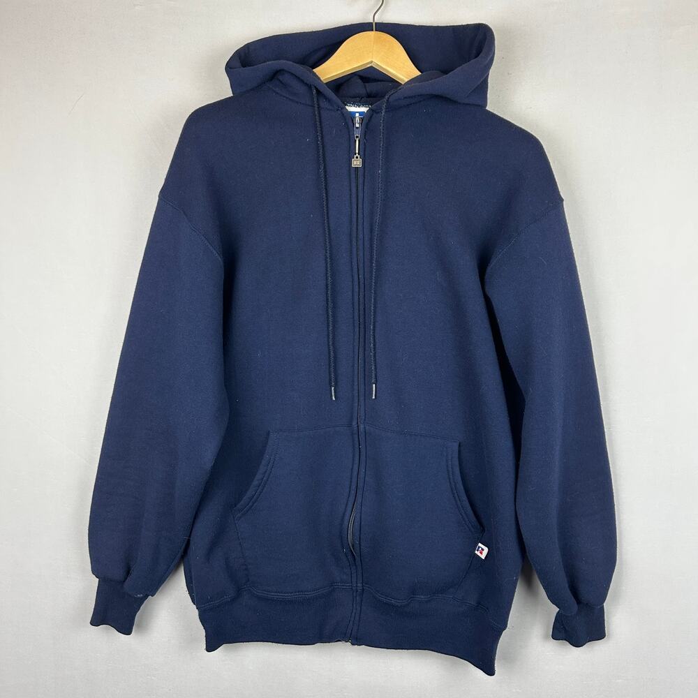 Russell Vintage 90s Hoodie Sweatshirt Full Zip Navy Blue Made in USA Men's XXL